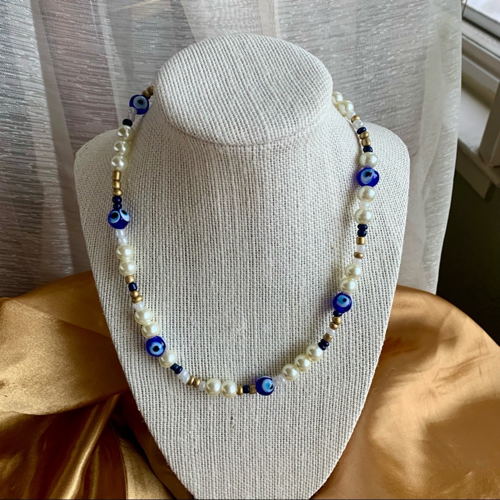 Evil Eye and Pearl Beaded Necklace